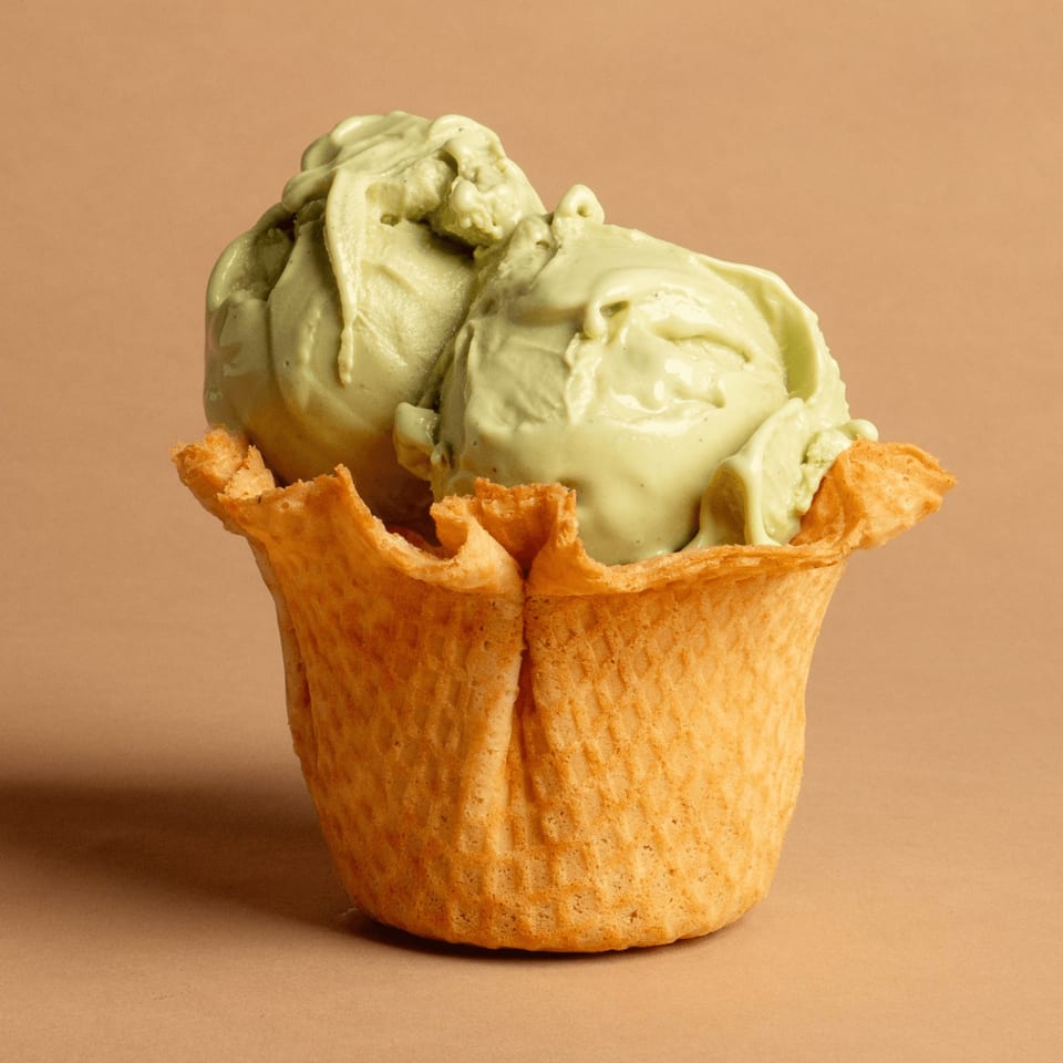 Two scoops of light green ice cream in a waffle bowl against a tan background.