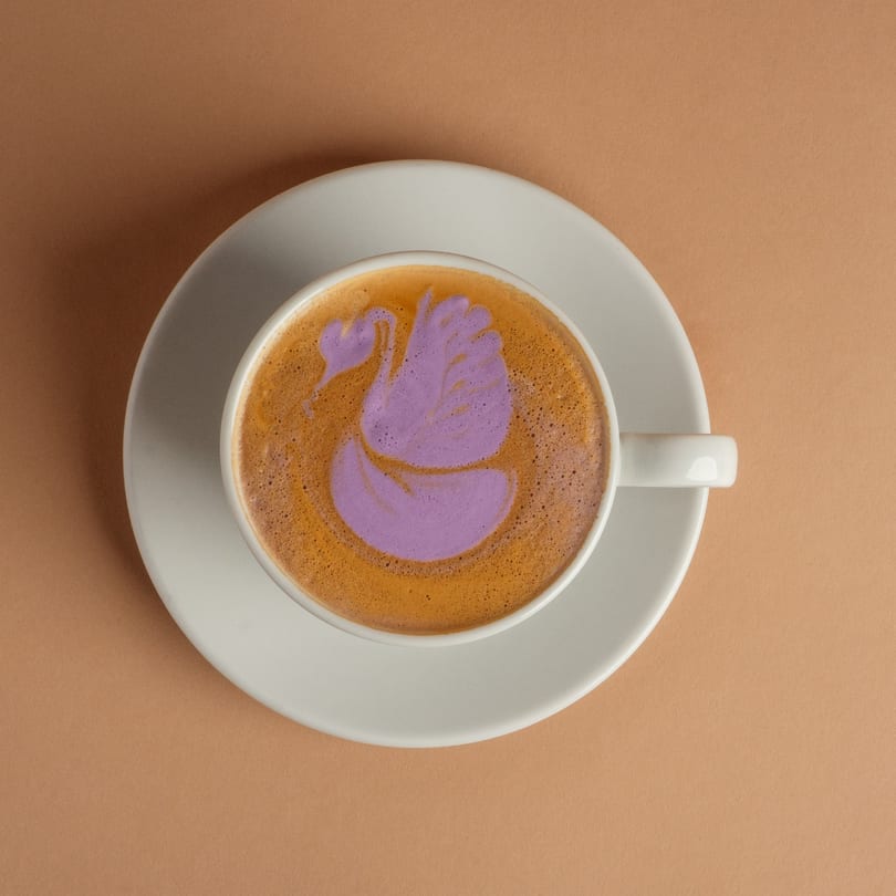 Overhead view of a Rendezvous International Cafe latte with purple swan art on a brown background.